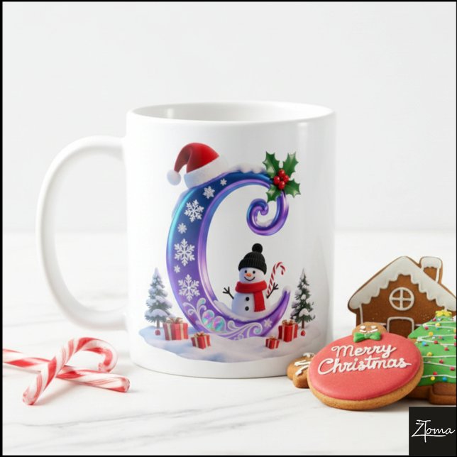 Caneca De Café Iridescent Christmas Letter C with Snowman (Criador carregado)