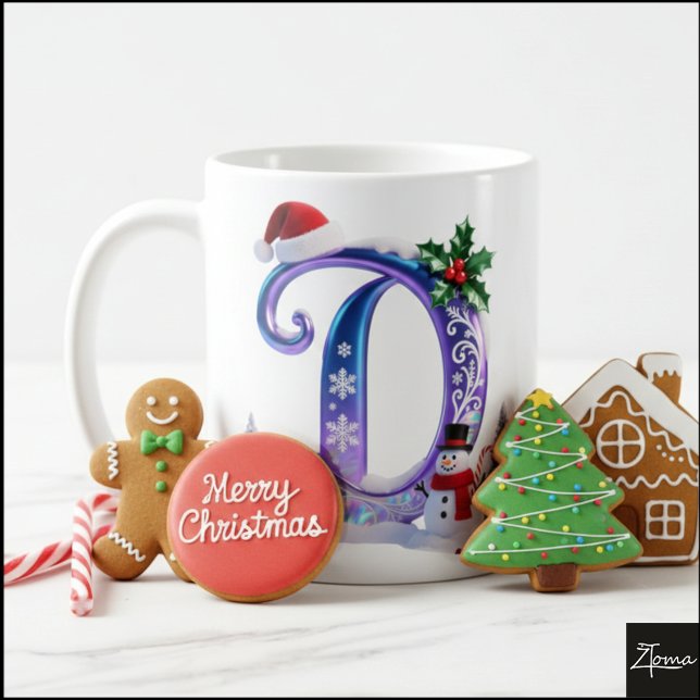 Caneca De Café Iridescent Christmas Letter D with Snowman (Criador carregado)