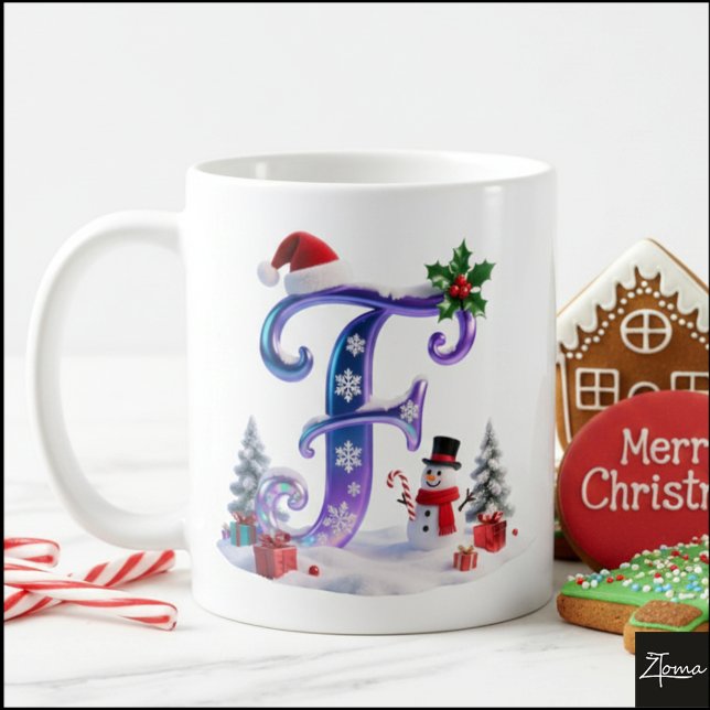 Caneca De Café Iridescent Christmas Letter F with Snowman (Criador carregado)