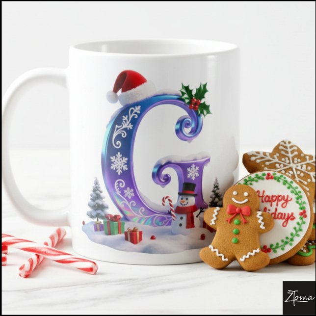 Caneca De Café Iridescent Christmas Letter G with Snowman (Criador carregado)