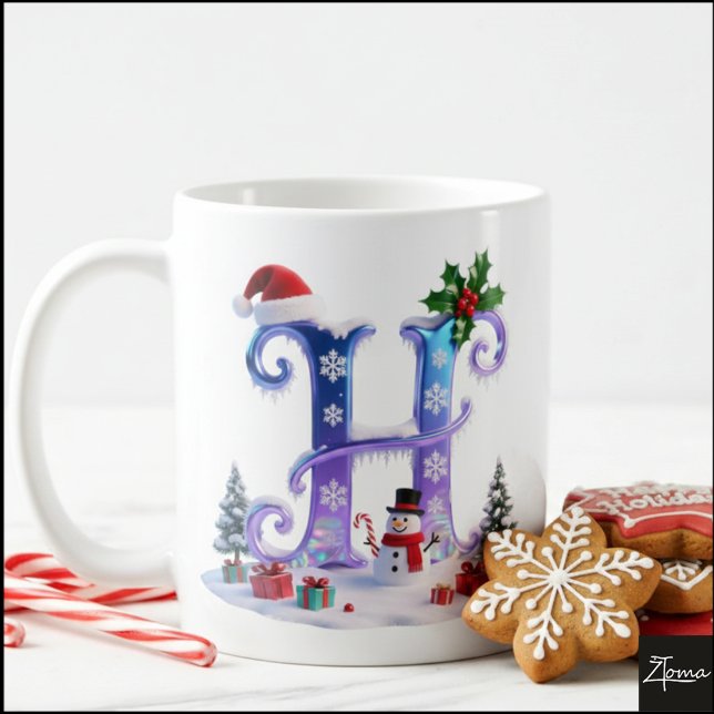 Caneca De Café Iridescent Christmas Letter H with Snowman (Criador carregado)