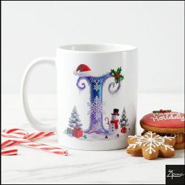 Caneca De Café Iridescent Christmas Letter I with Snowman