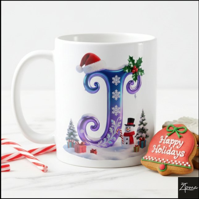 Caneca De Café Iridescent Christmas Letter J with Snowman (Criador carregado)