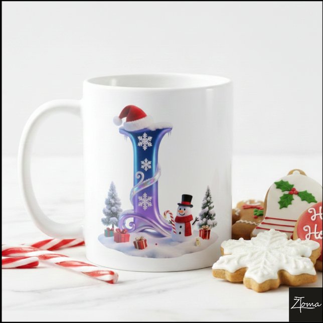 Caneca De Café Iridescent Christmas Letter L with Snowman (Criador carregado)