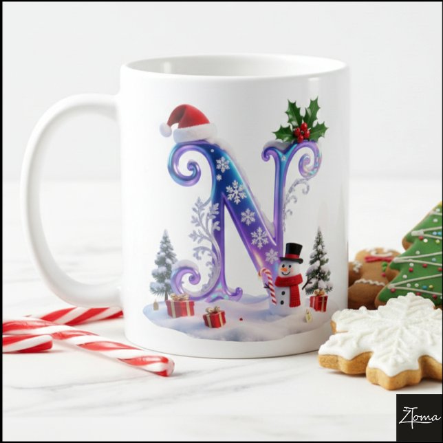 Caneca De Café Iridescent Christmas Letter N with Snowman (Criador carregado)