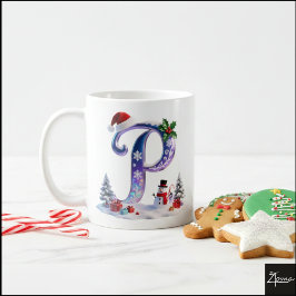 Caneca De Café Iridescent Christmas Letter P with Snowman