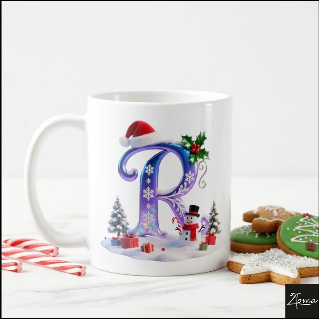 Caneca De Café Iridescent Christmas Letter R with Snowman (Criador carregado)