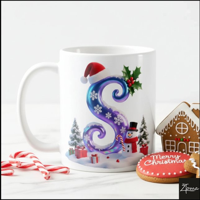 Caneca De Café Iridescent Christmas Letter S with Snowman (Criador carregado)