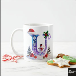 Caneca De Café Iridescent Christmas Letter U with Snowman