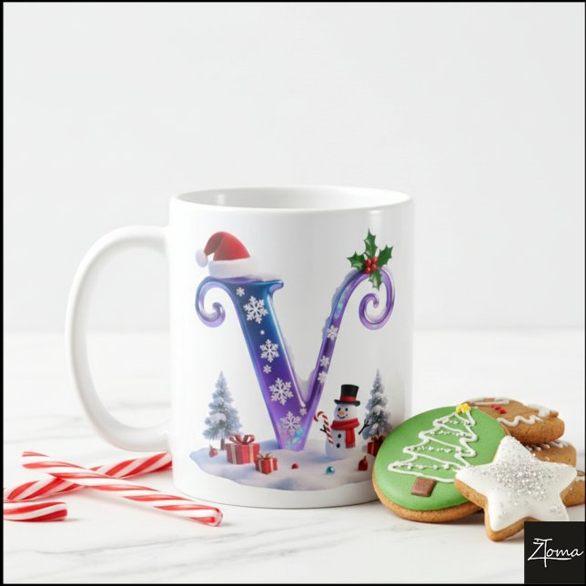 Caneca De Café Iridescent Christmas Letter V with Snowman (Criador carregado)
