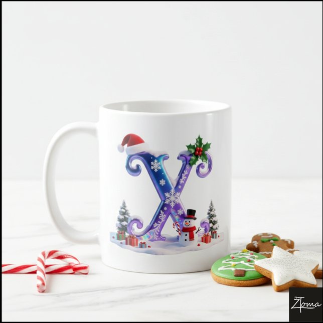 Caneca De Café Iridescent Christmas Letter X with Snowman (Criador carregado)