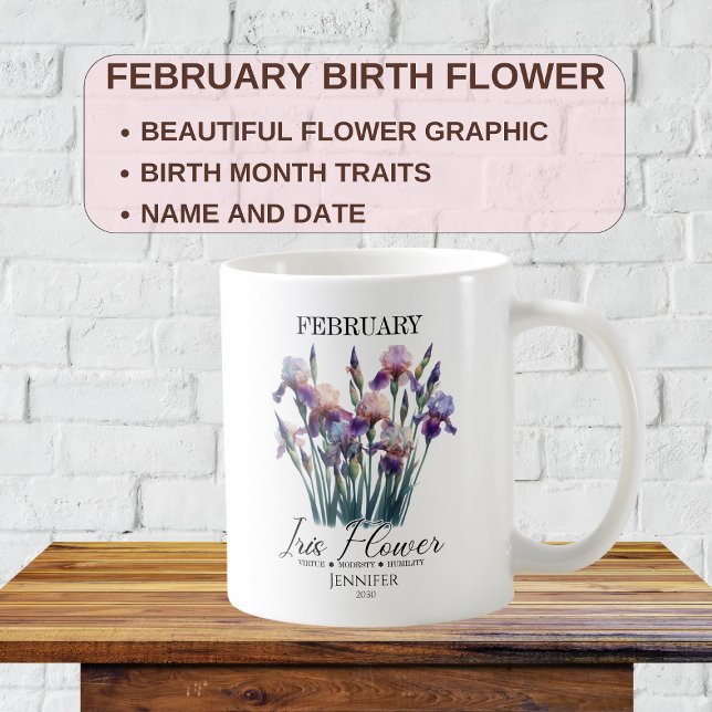 Caneca De Café Íris Flor de Aniversário de Fevereiro Personalizáv (Criador carregado)
