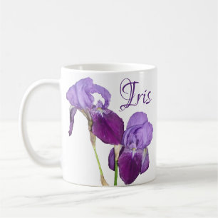 Caneca De Café Iris personalizável, nome de garota, flores roxas