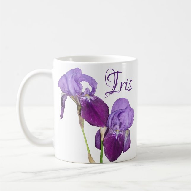 Caneca De Café Iris personalizável, nome de garota, flores roxas  (Esquerda)