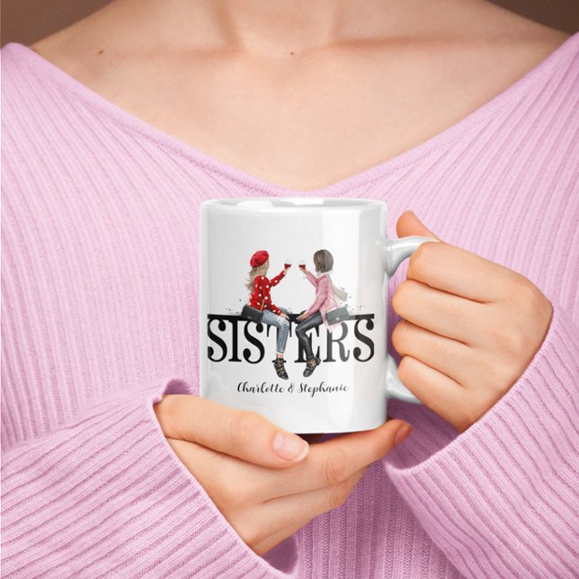 Caneca De Café Irmãs Personalizadas - Aquarela (Personalized Sisters Watercolor Coffee Mug)
