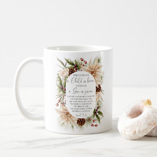 Caneca De Café Isaiah 9:6 Para nós, Natal - Quadro Floral Oval (Com Donut)
