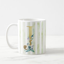 Caneca De Café J, inicial dourada, em listras azuis e brancas