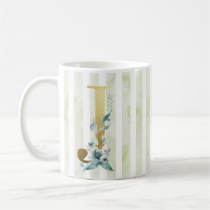 Caneca De Café J, inicial dourada, em listras azuis e brancas