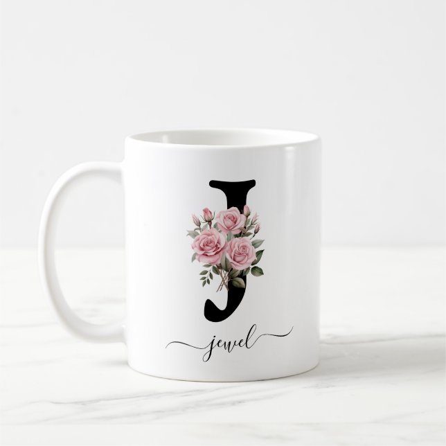 Caneca De Café J Monograma Floral Flor Rosa Rosado Mug (Esquerda)