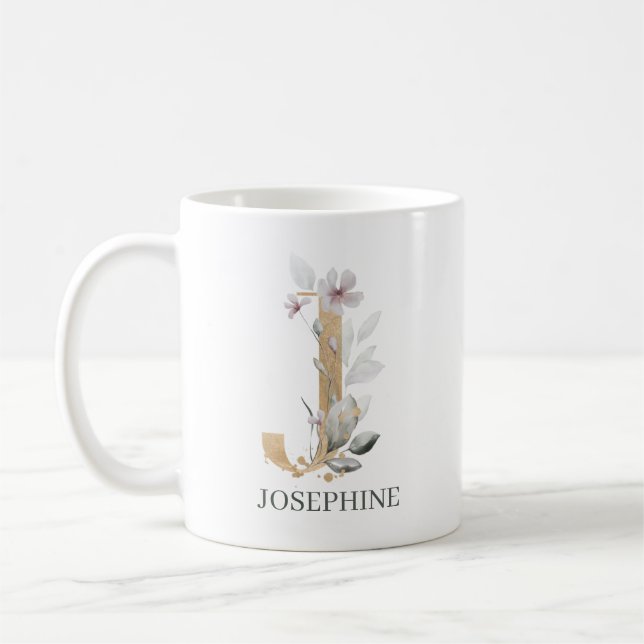 Caneca De Café J Monograma Floral Personalizado (Esquerda)