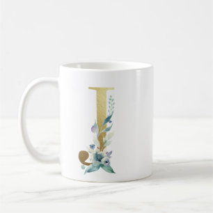 Caneca De Café J ouro inicial com folhagem floral azul