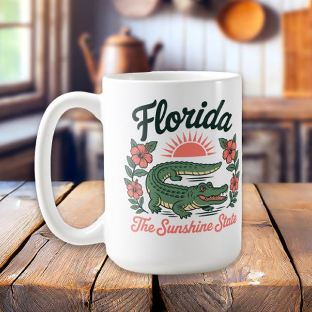 Caneca De Café Jacaré Retro da Flórida Flores Tropicais (Alligator, Florida the Sunshine State mug
)