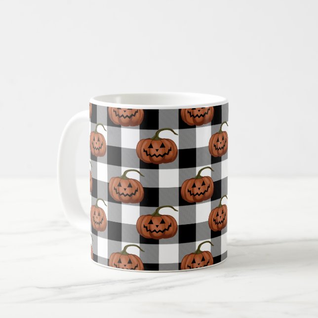 Caneca De Café Jack O Lanternas em Buffalo Check, Halloween (Frente Esquerda)