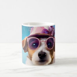 Caneca De Café Jack Russell, óculos rosa e chapéu rosa