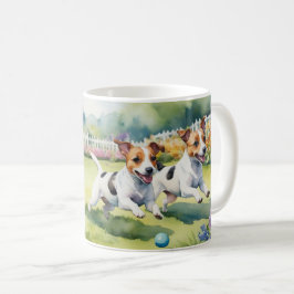 Caneca De Café Jack Russell Terriers Brincando Cachorros Aquarela