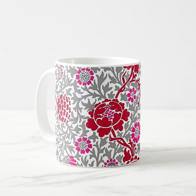 Caneca De Café Jacobean Floral, Deep Red Pink e Cinzas (Frente Esquerda)