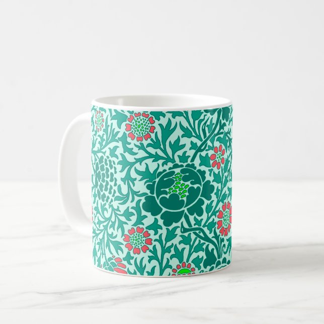 Caneca De Café Jacobean Floral, Turquesa, Aqua e Coral (Frente Esquerda)