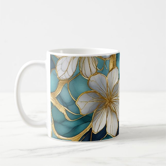 Caneca de Café Japonesa Floral Azul Turquesa Doura (Esquerda)