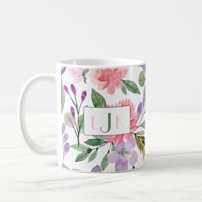 Caneca De Café Jardim Blooms Aquarela Monograma Floral Mug (Esquerda)