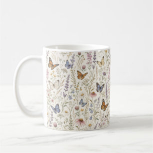 Caneca De Café Jardim Botânico de Flores Silvestres Borboletas Na