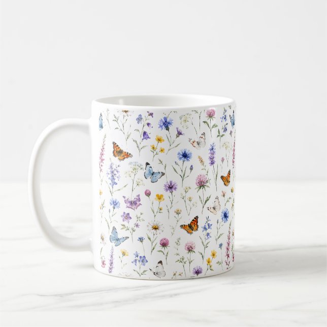 Caneca De Café Jardim Botânico de Flores Silvestres de Borboletas (Esquerda)