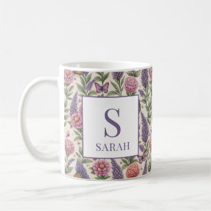 Caneca De Café Jardim Botânico Floral Monograma Lavanda