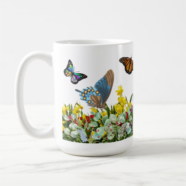 Caneca De Café Jardim de Flores de Borboleta com Tulipas e Visita (Esquerda)