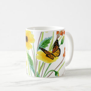 Caneca De Café Jardim de Flores Silvestres com Borboletas em Aqua