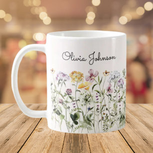 Caneca De Café Jardim de Flores Silvestres com Nome Personalizado