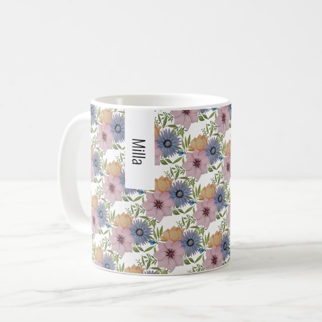 Caneca De Café Jardim de Primavera Aquarela Azul (Frente Esquerda)