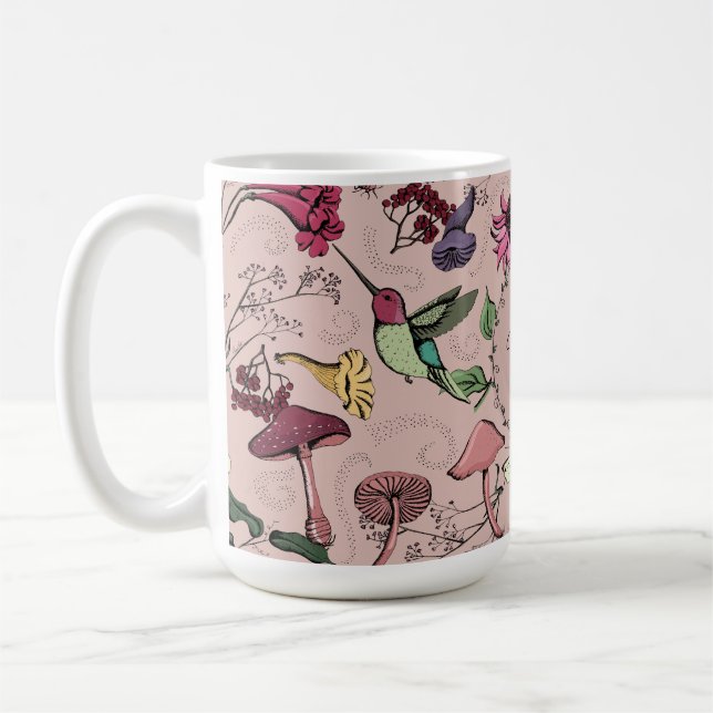 Caneca De Café Jardim do Hummingbird e Flores - Monograma Rosa Es (Esquerda)