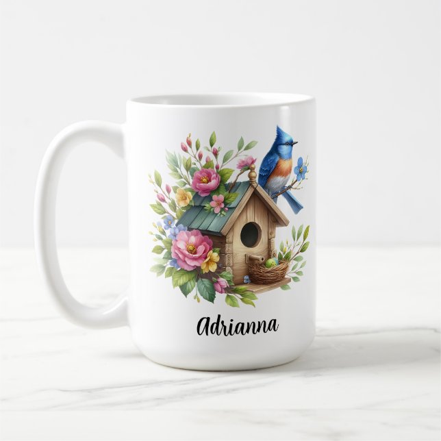 Caneca De Café Jardim do Springtime de Flores de Birdhouse Bluebi (Esquerda)