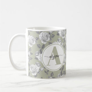 Caneca De Café Jardim Elegante de Rosa em Sage Green Monogramas M