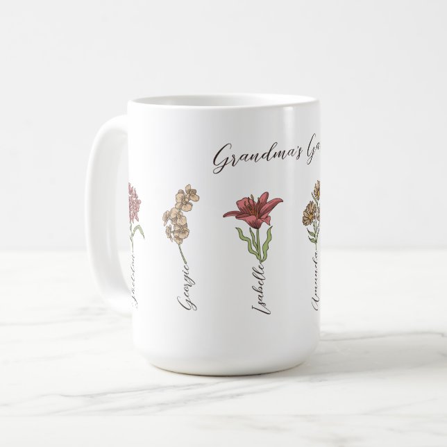Caneca De Café Jardim Flor de Vovó 6 Netos Nome Floral (Frente Esquerda)