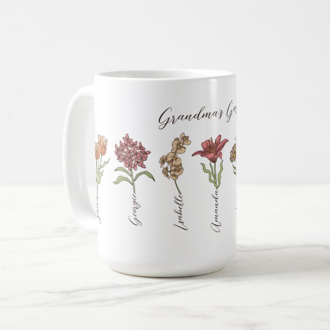 Caneca De Café Jardim Flor de Vovó 7 Netos Nome Floral (Frente Esquerda)