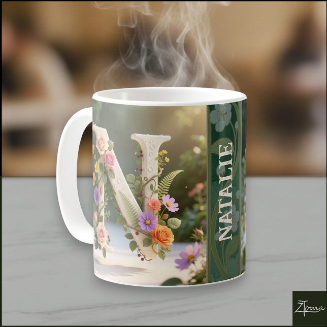 Caneca De Café Jardim Floral Branco com Monograma da Letra N (Criador carregado)