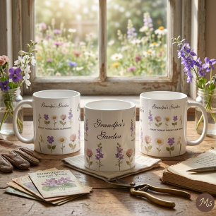 Caneca De Café Jardim Floral do Vovô com 5 Nomes e Flores