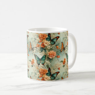 Caneca De Café Jardim Floral Laranja Borboleta Azul Vintage