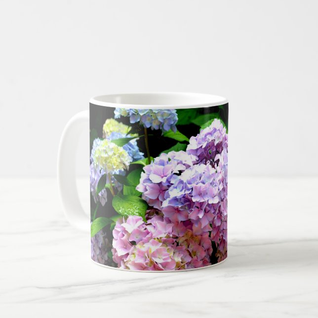 Caneca De Café Jardim Hydrangea, rosa, azul, floral roxo (Frente Esquerda)