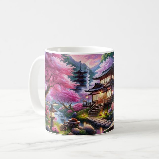 Caneca De Café Jardim Serene Japonês na Pintura de Dusk (Frente Esquerda)